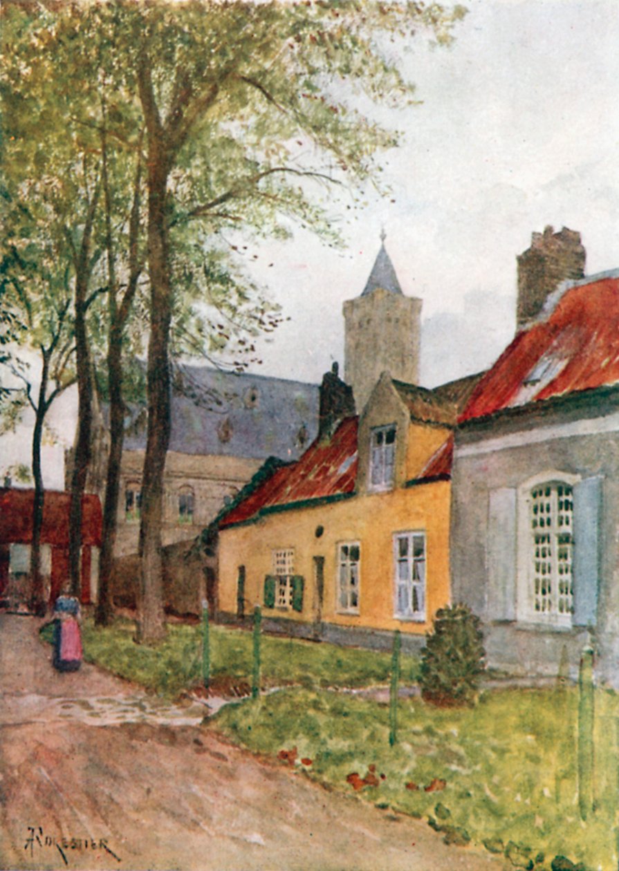Salle et presbytère, Nieuport (lithographie couleur) - Amedee (after) Forestier
