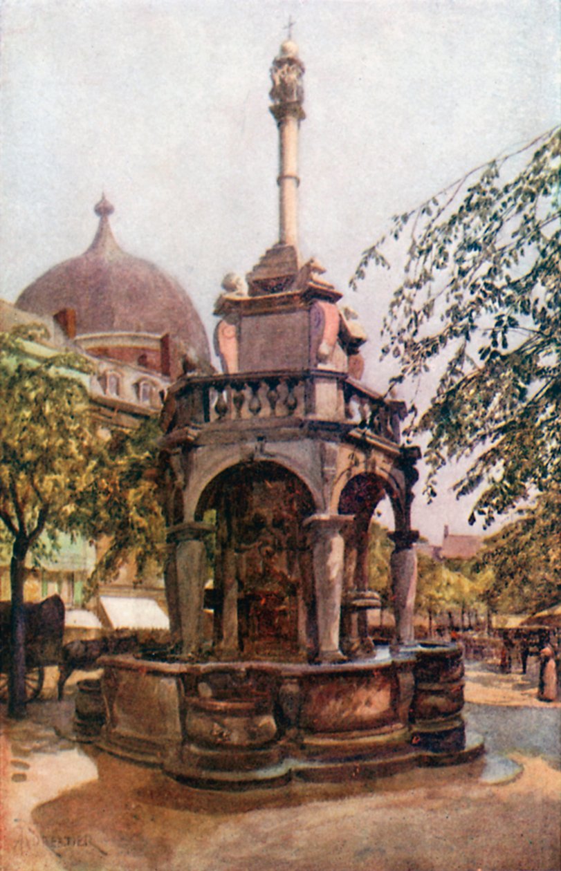 Le Perron Liegeois, Liege (colour litho) - Amedee (after) Forestier