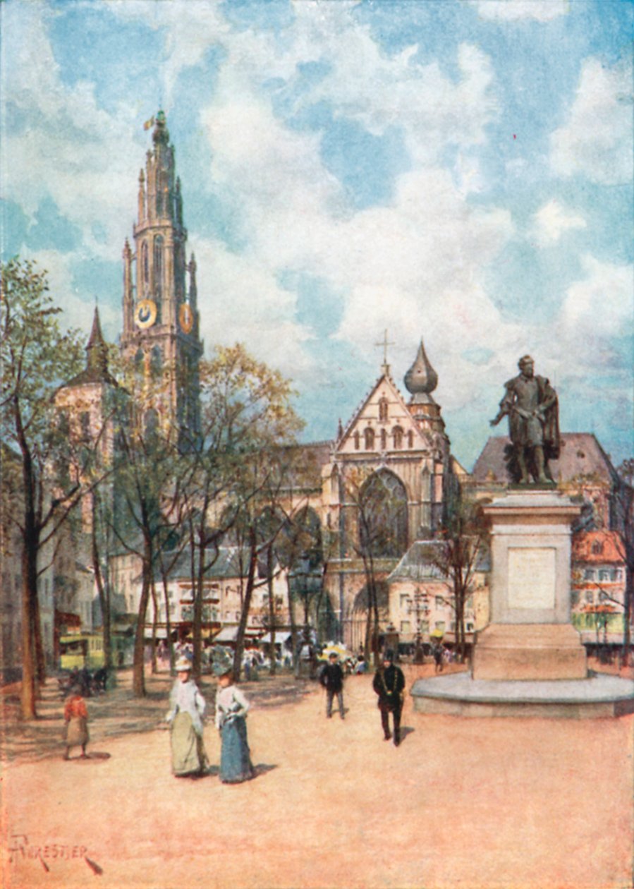 La Place Verte, Anvers (lithographie couleur) - Amedee (after) Forestier