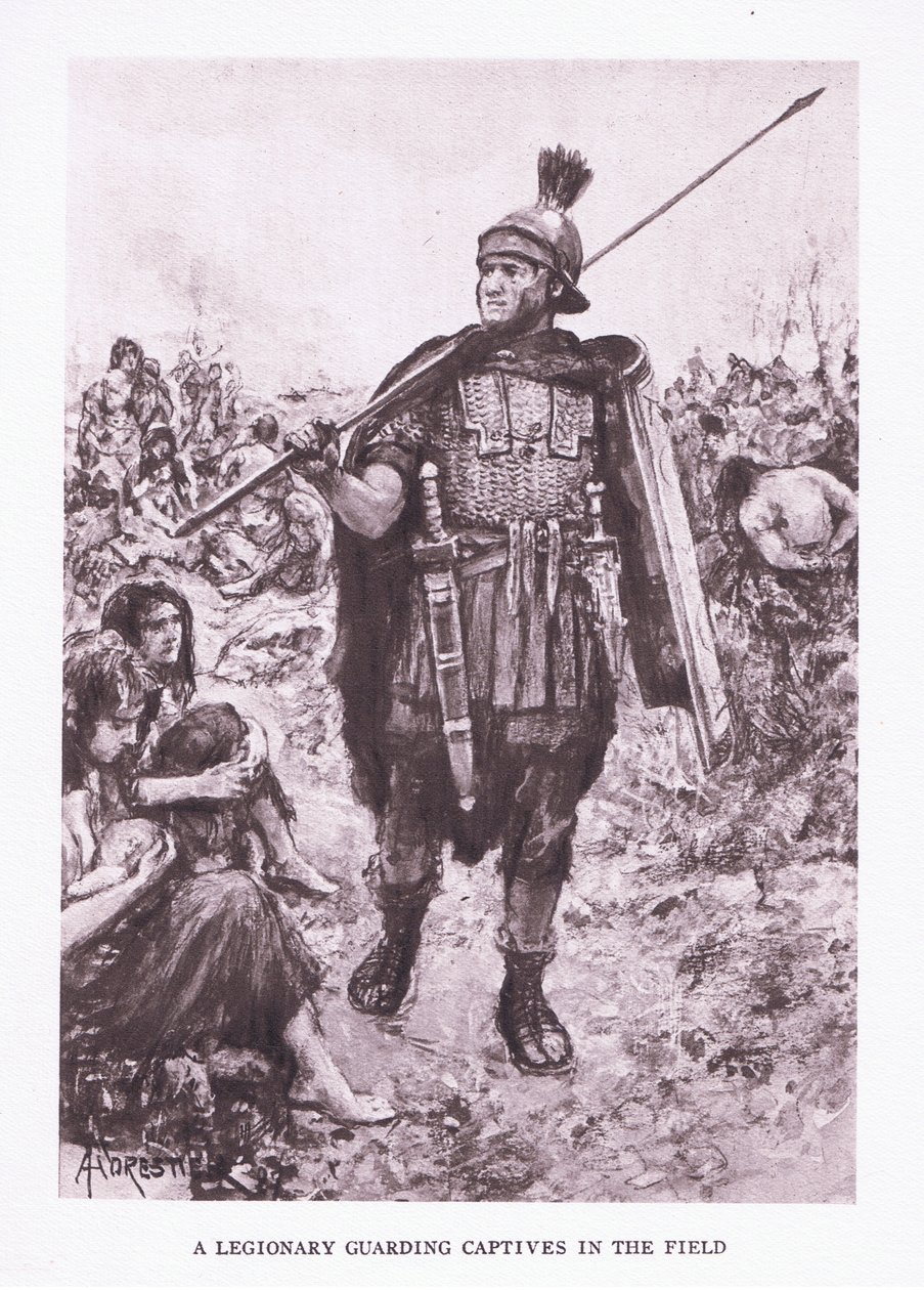 Un légionnaire gardant des captifs dans un champ, illustration de The Roman Soldier, 1928 - Amedee Forestier