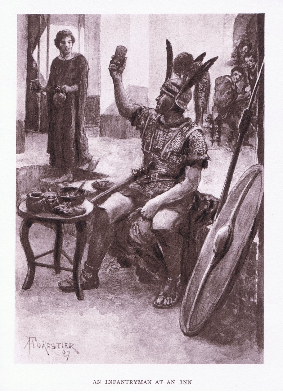 Un fantassin à une auberge, illustration de The Roman Soldier, 1928 - Amedee Forestier