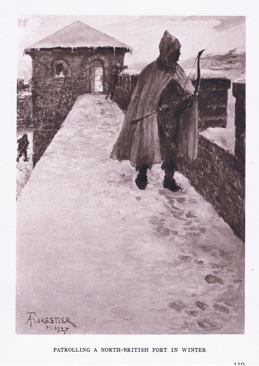 Patrouille dans un fort du nord de la Grande-Bretagne en hiver, illustration de The Roman Soldier, 1928 - Amedee Forestier