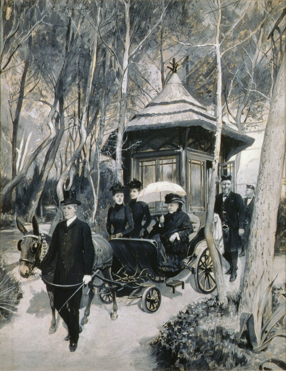 La reine Victoria en calèche tirée par des mules avec John Brown en assistance - Amedee Forestier