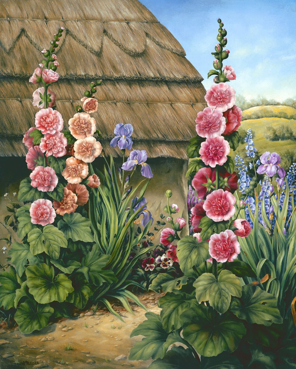 Jardin de cottage avec roses trémières, 1995 - Amelia Kleiser