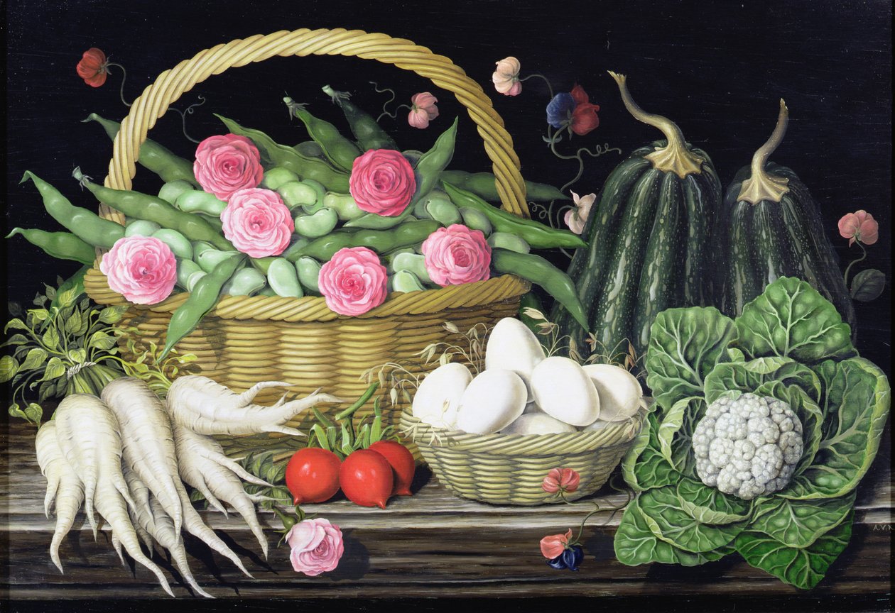 Œufs, fèves et roses dans un panier, 1995 - Amelia Kleiser