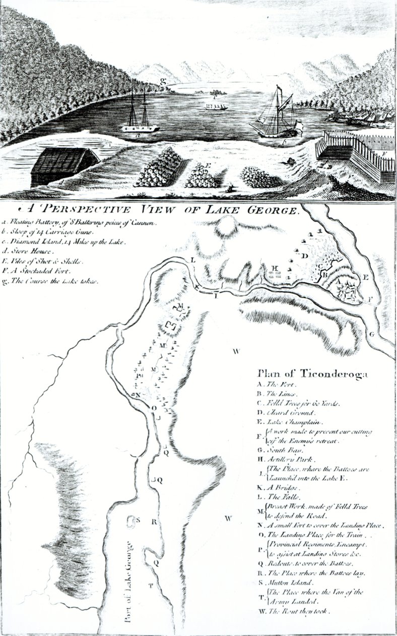 Vue en perspective du lac George et plan de Ticonderoga - American School