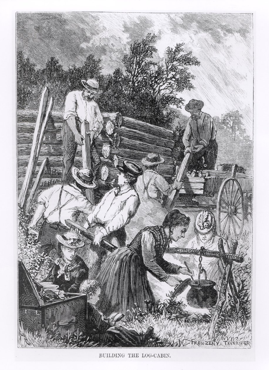 Construction de la cabane en rondins, gravée par Charles Maurand - American School
