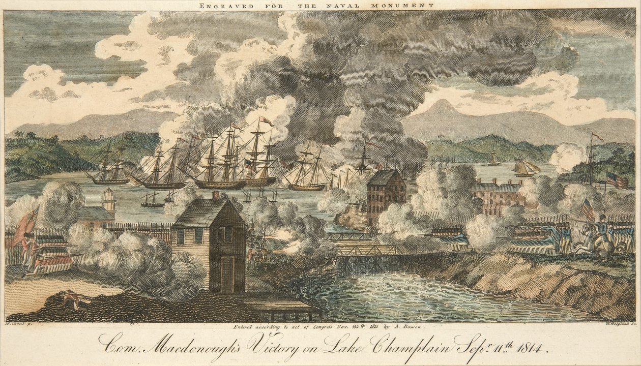 Victoire du Com. Macdonough sur le lac Champlain le 11 septembre 1814, pub. 1815 (gravure en couleur) - American School