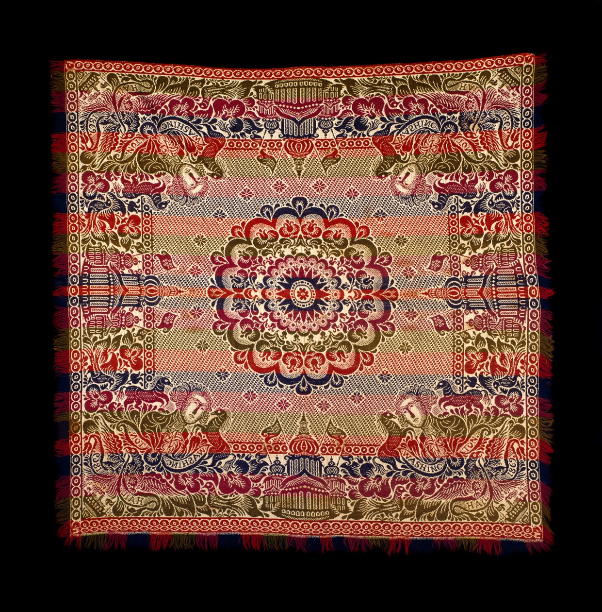 Couverture à double tissage, produite par Lancaster Carpet, Coverlet, Quilt and Yarn Manufacturing, 1869 - American School