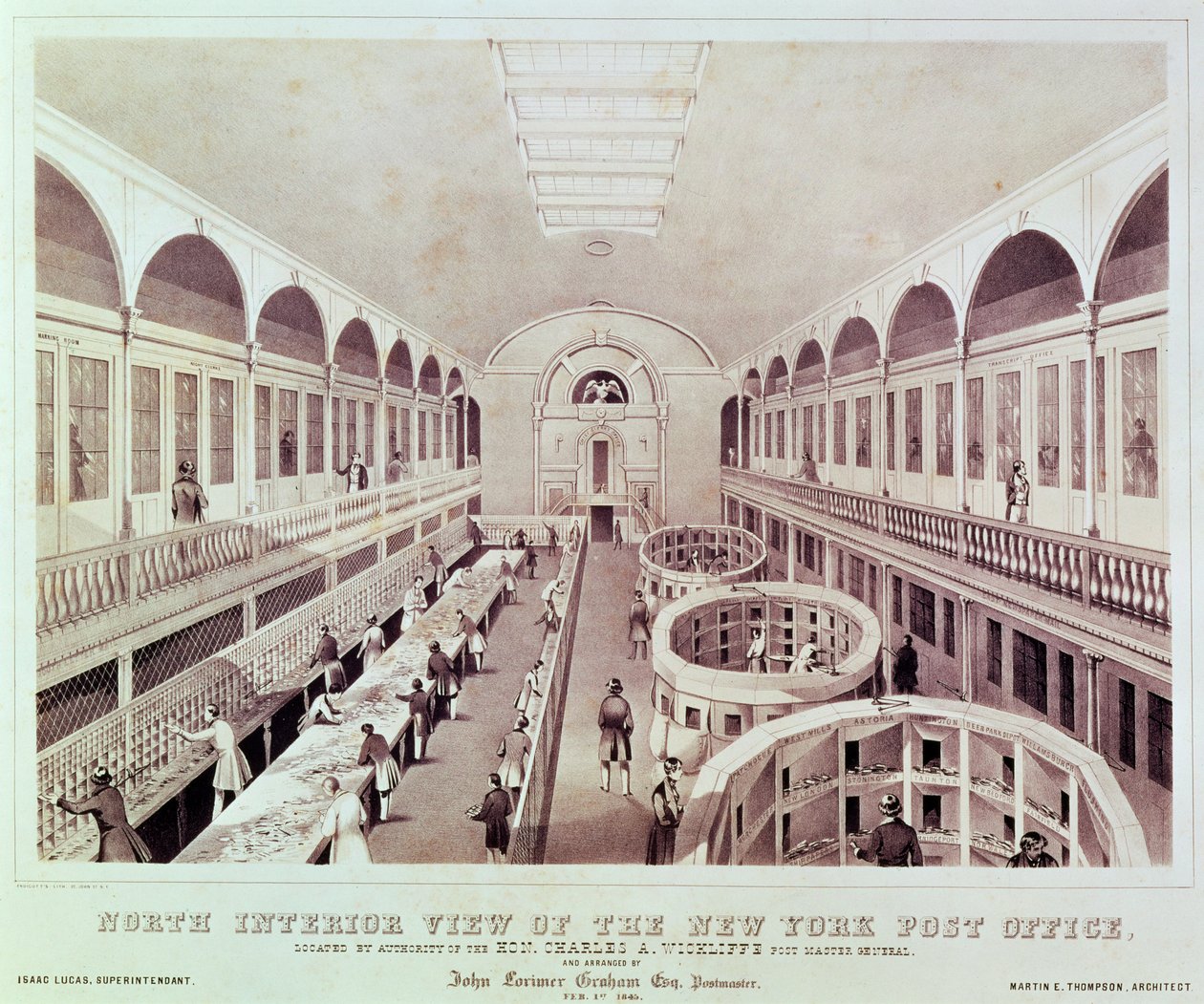 Vue intérieure nord du bureau de poste de New York, gravée par Endicott - American School