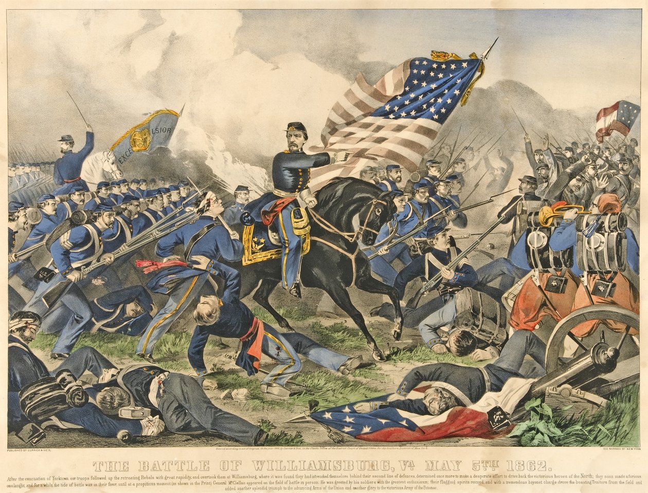 La bataille de Williamsburg, VA, 5 mai 1852, pub 1862 (gravure en couleur) - American School