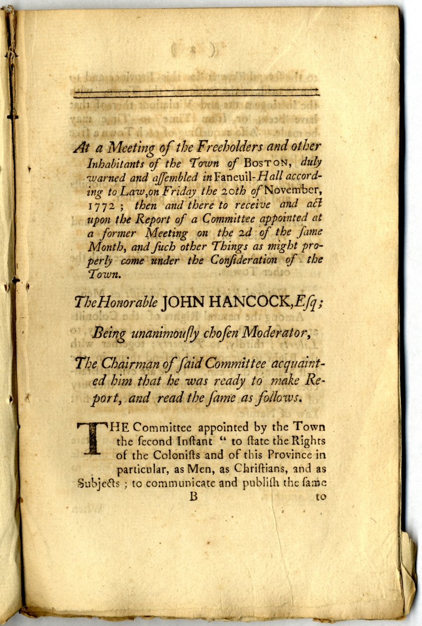 Le « Pamphlet de Boston » : Les Votes et Procès-verbaux des Propriétaires et autres Habitants de la Ville de Boston, en Assemblée Municipale, 1772 - American School