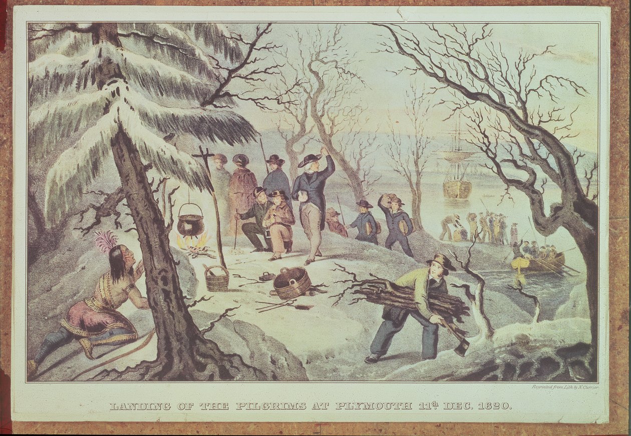 Le débarquement des pèlerins à Plymouth, 11 décembre 1620, gravé par Nathaniel Currier - American School