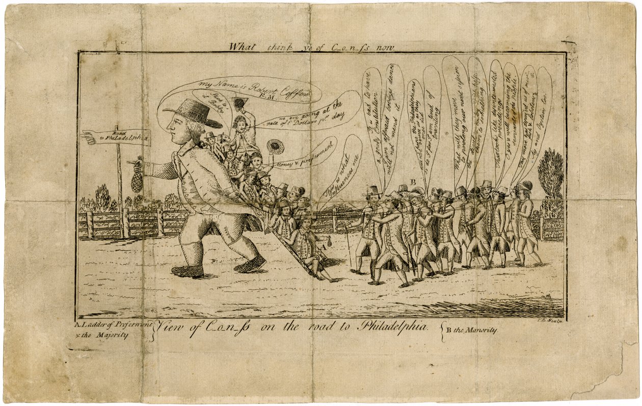 Que pensez-vous maintenant du Congrès? Vue du Congrès en route pour Philadelphie A. Échelle de promotion & la majorité--B. la minorité, 1790 - American School