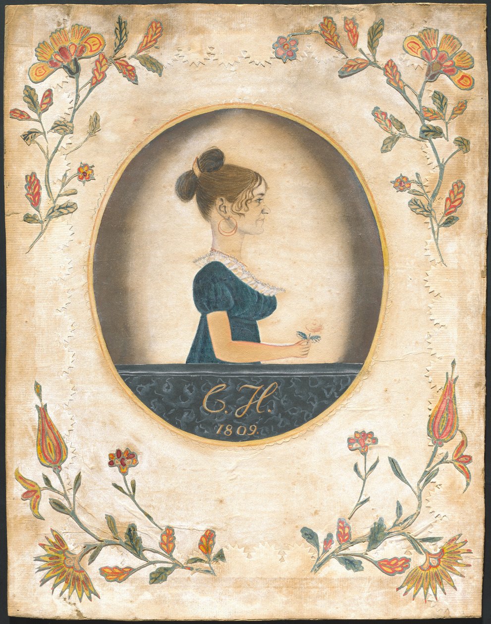 Femme tenant une rose - American 19th Century