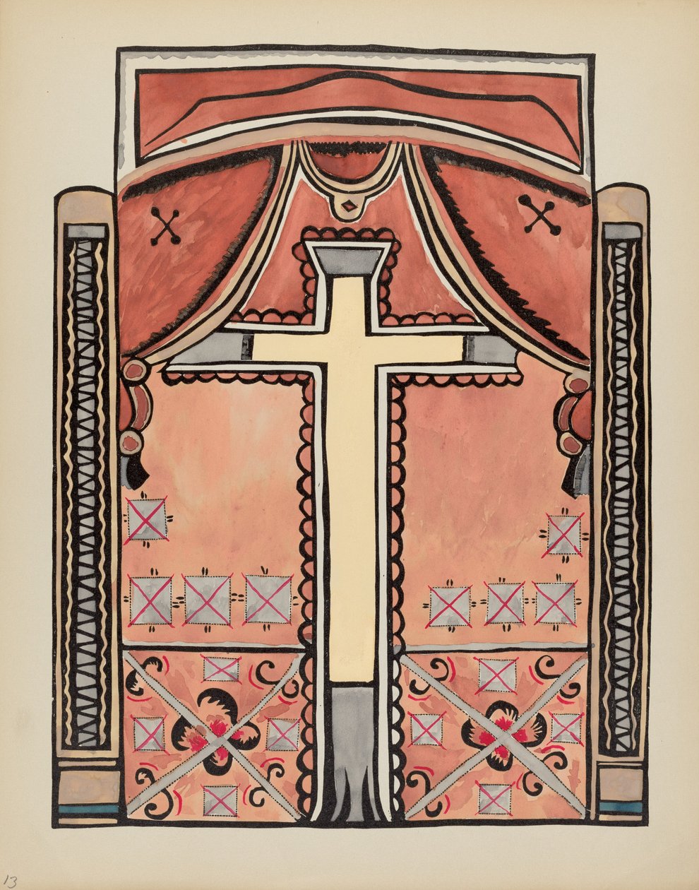 Planche 13 : Dessin avec croix : Du portfolio "Spanish Colonial Designs of New Mexico" - American 20th Century