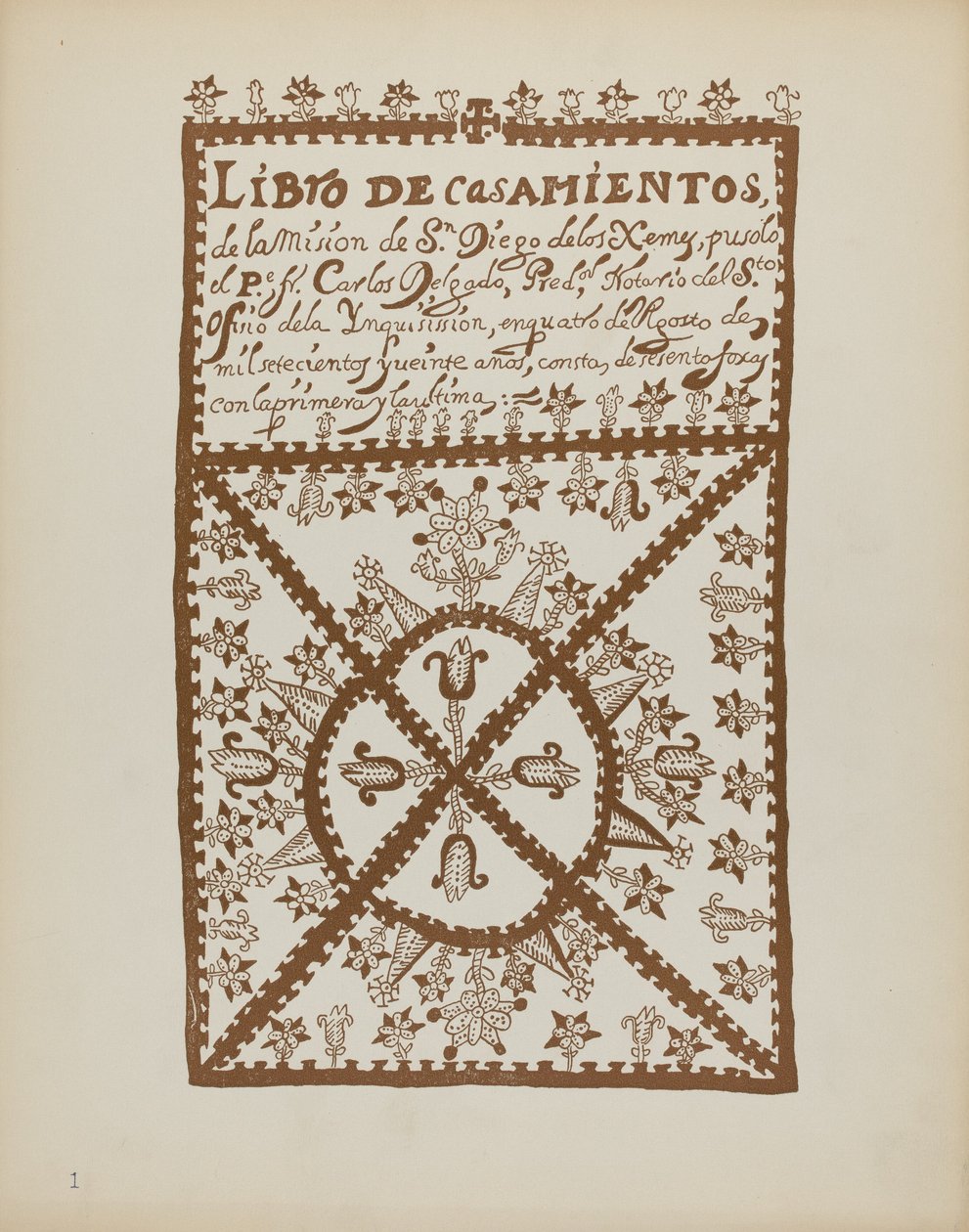 Planche 1 : Livre des mariages de Jemez : Du portfolio "Dessins coloniaux espagnols du Nouveau-Mexique" - American 20th Century