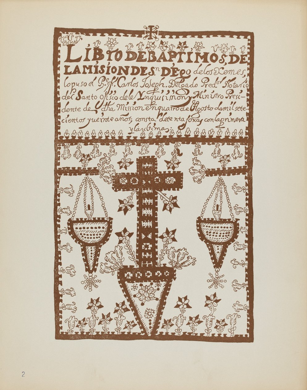 Planche 2 : Livre des baptêmes de Jemez : Du portfolio "Dessins coloniaux espagnols du Nouveau-Mexique" - American 20th Century