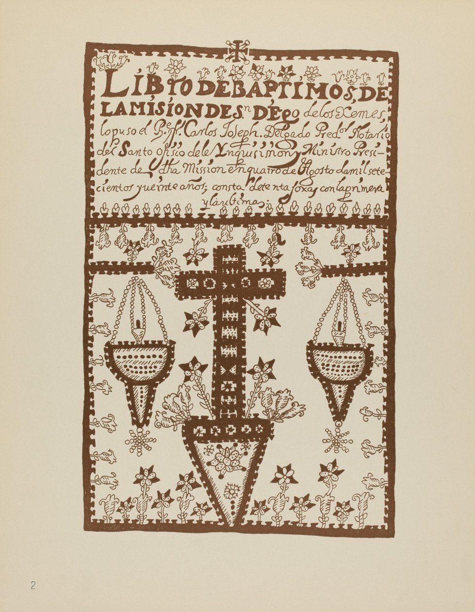 Planche 2 : Livre des baptêmes de Jemez : Du portfolio "Dessins coloniaux espagnols du Nouveau-Mexique" - American 20th Century