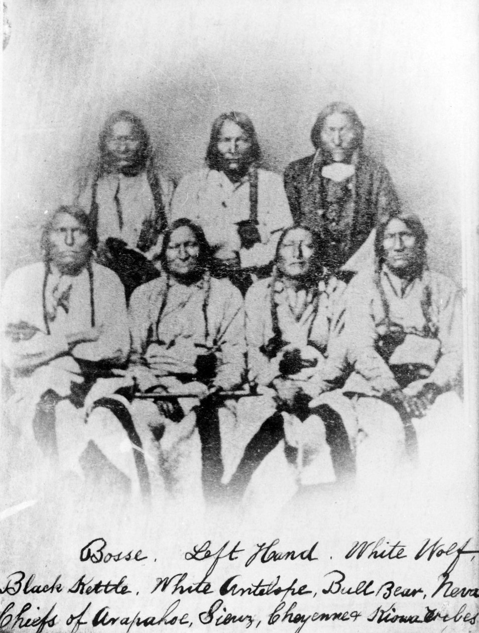 Bosse, Left Hand, White Wolf, Black Kettle, White Antelope, Bull Bear, Neva : Chefs des tribus Arapahoe, Sioux, Cheyenne et Kiowa, vers 1860-68 - American Photographer