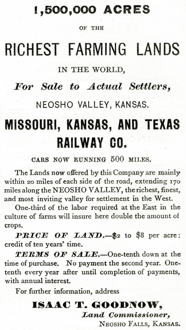 1 500 000 acres des terres agricoles les plus riches du monde, dans la vallée de Neosho, Kansas, publicité de Appletons Journal, 4 mai 1872 - American School