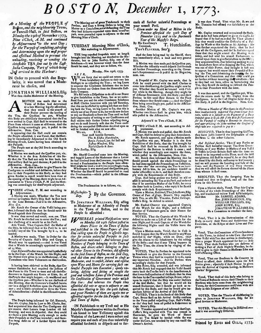 Journal détaillant les événements de la Boston Tea Party, décembre 1773 - American School