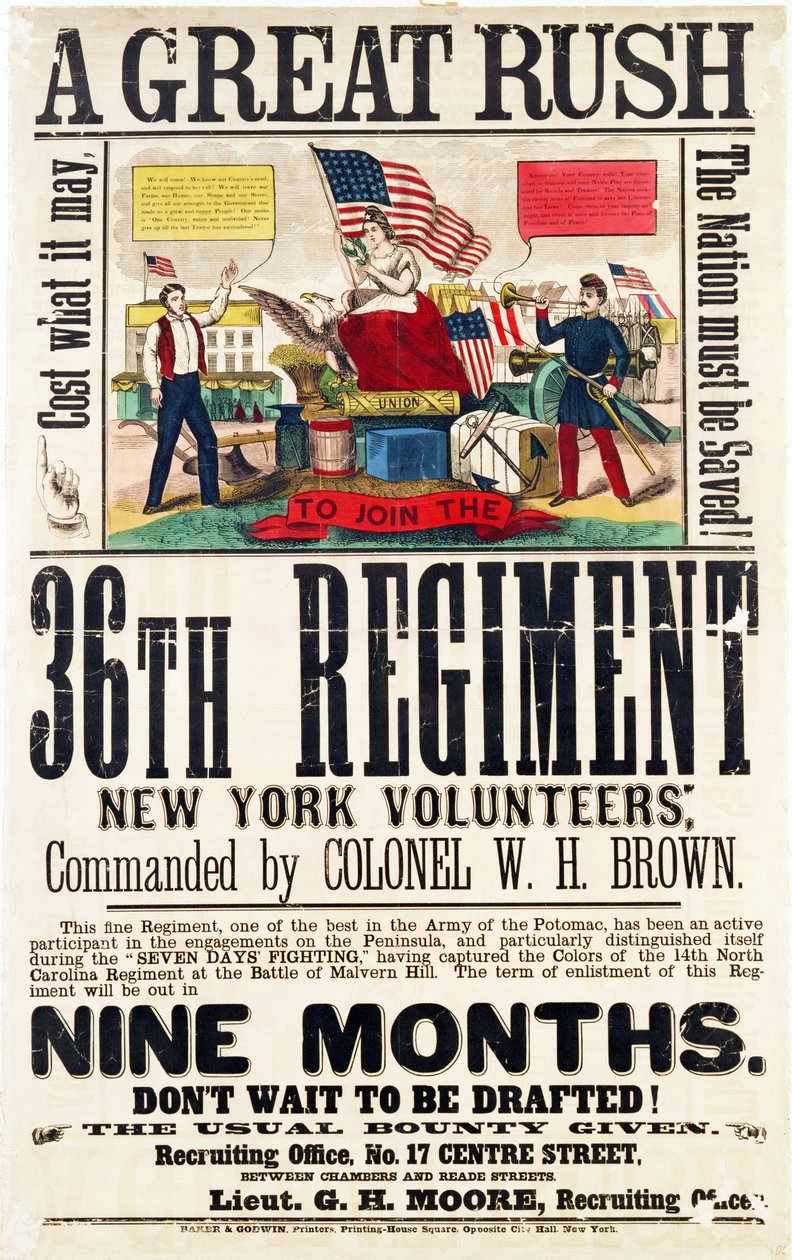 Une grande ruée, affiche de recrutement pour le 36e Régiment, publié par Baker & Goodwin - American School