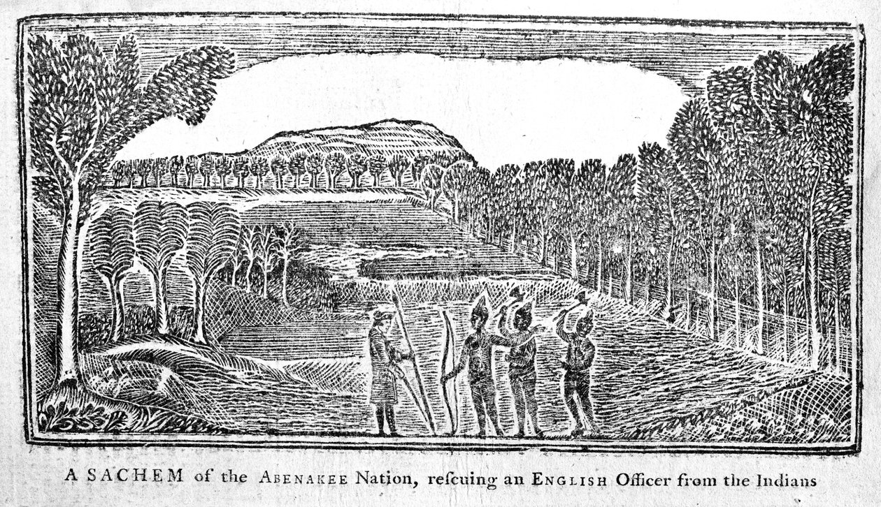 Un sachem de la nation Abenakee sauvant un officier anglais, illustration de Bickerstaff