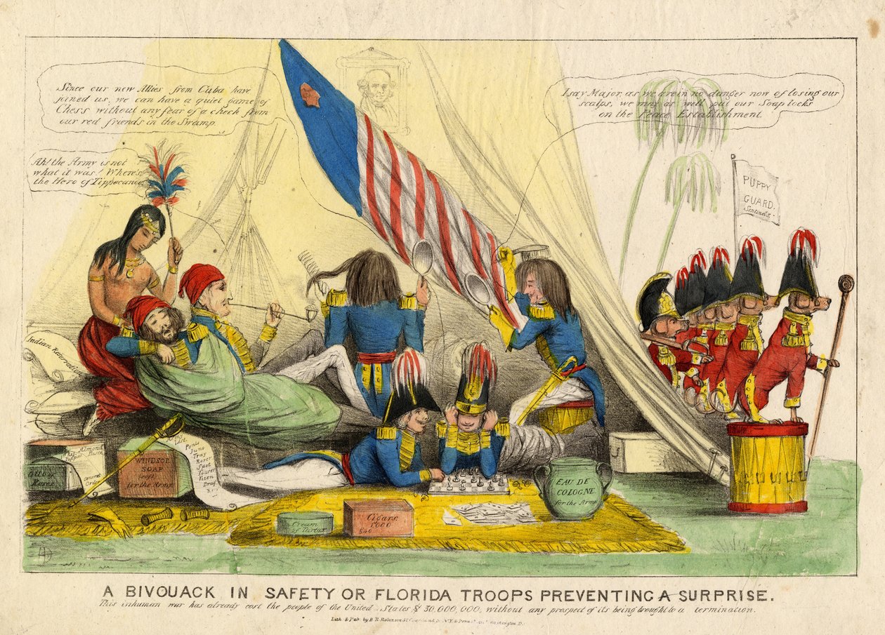 Un bivouac en sécurité, ou, Les troupes de Floride empêchant une surprise, publié par H R Robinson, New York, vers 1839 - American School