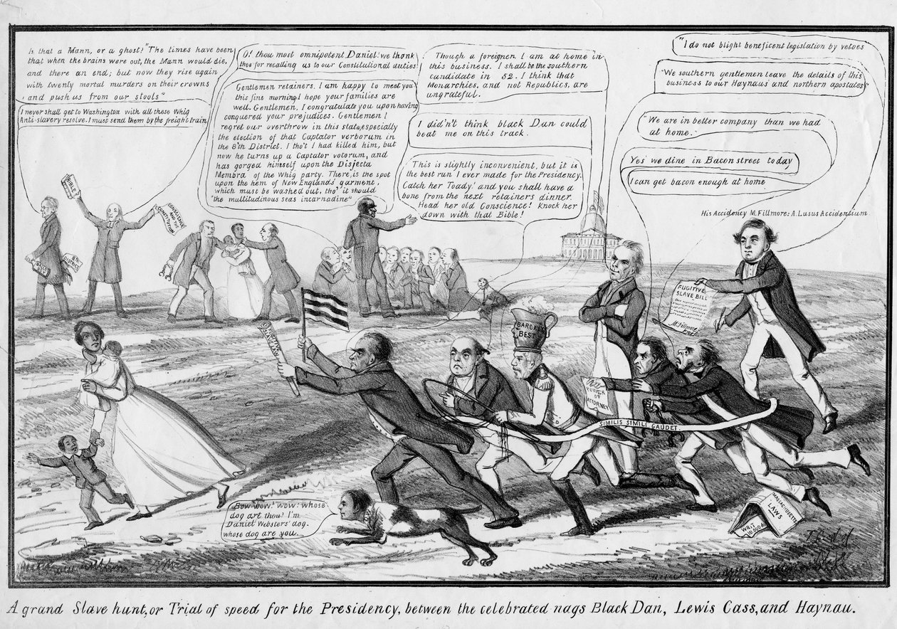 Une grande chasse aux esclaves, ou, Épreuve de vitesse pour la présidence, entre les célèbres chevaux Black Dan, Lewis Cass, et Haynau, publié par T.C., New York, c.1852 - American School