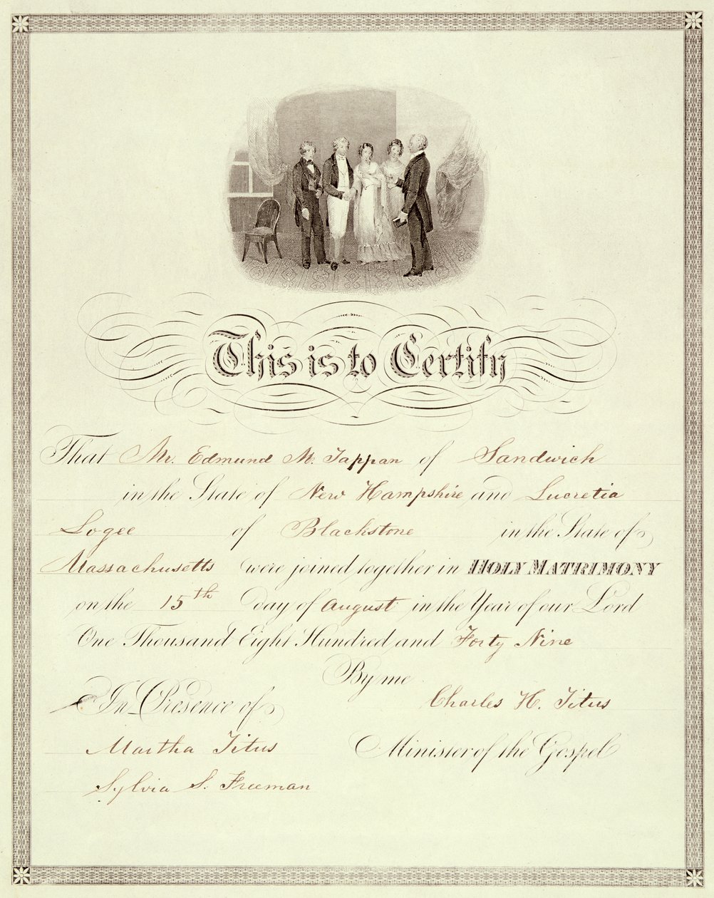 Certificat de mariage de 1849 - American School