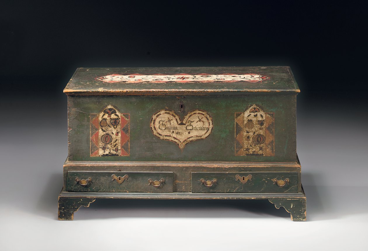 Coffre de dot à dessus relevable peint, inscrit Susana Scheblern, probablement comté de Lancaster, Pennsylvanie, 1790 - American School