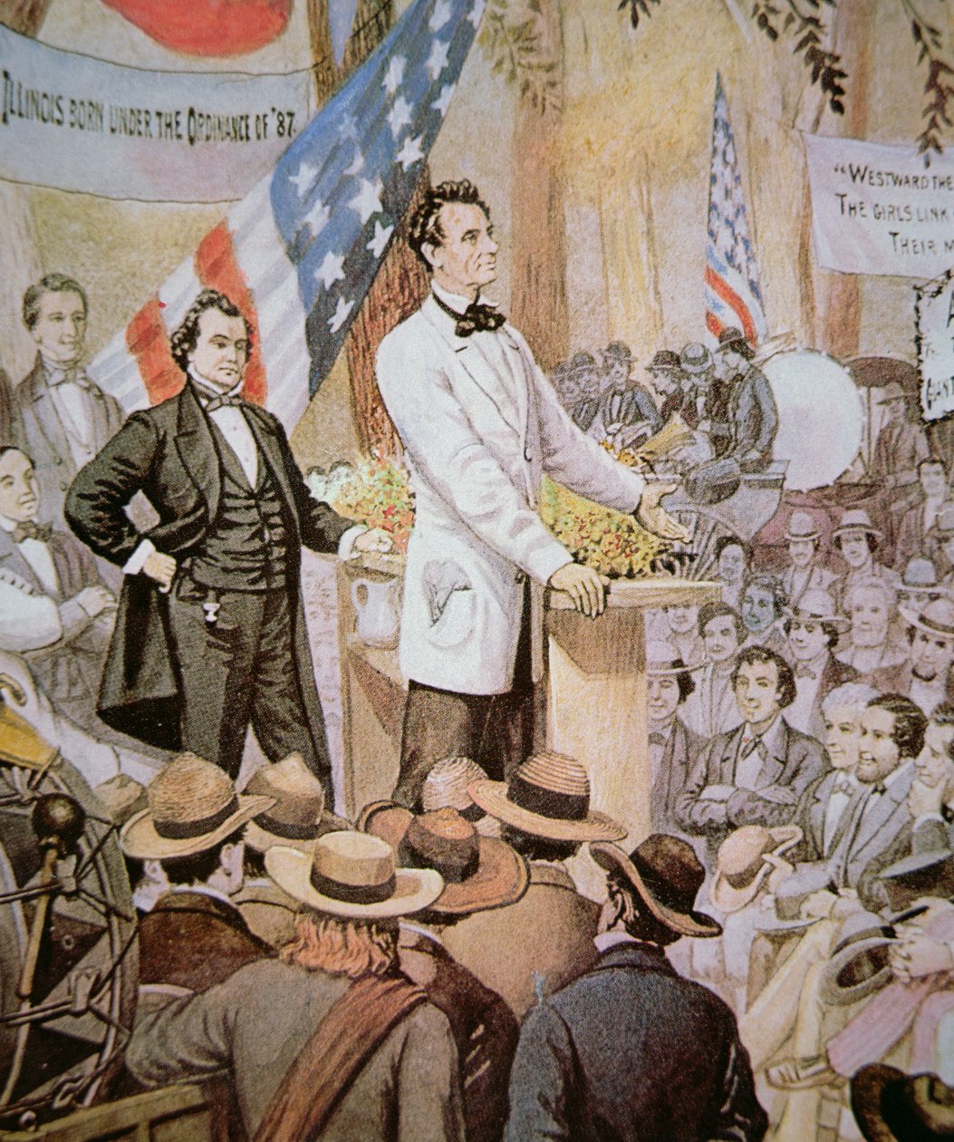 Abraham Lincoln (1809-65) en débat public avec Stephen A. Douglas (1813-61) en Illinois - American School