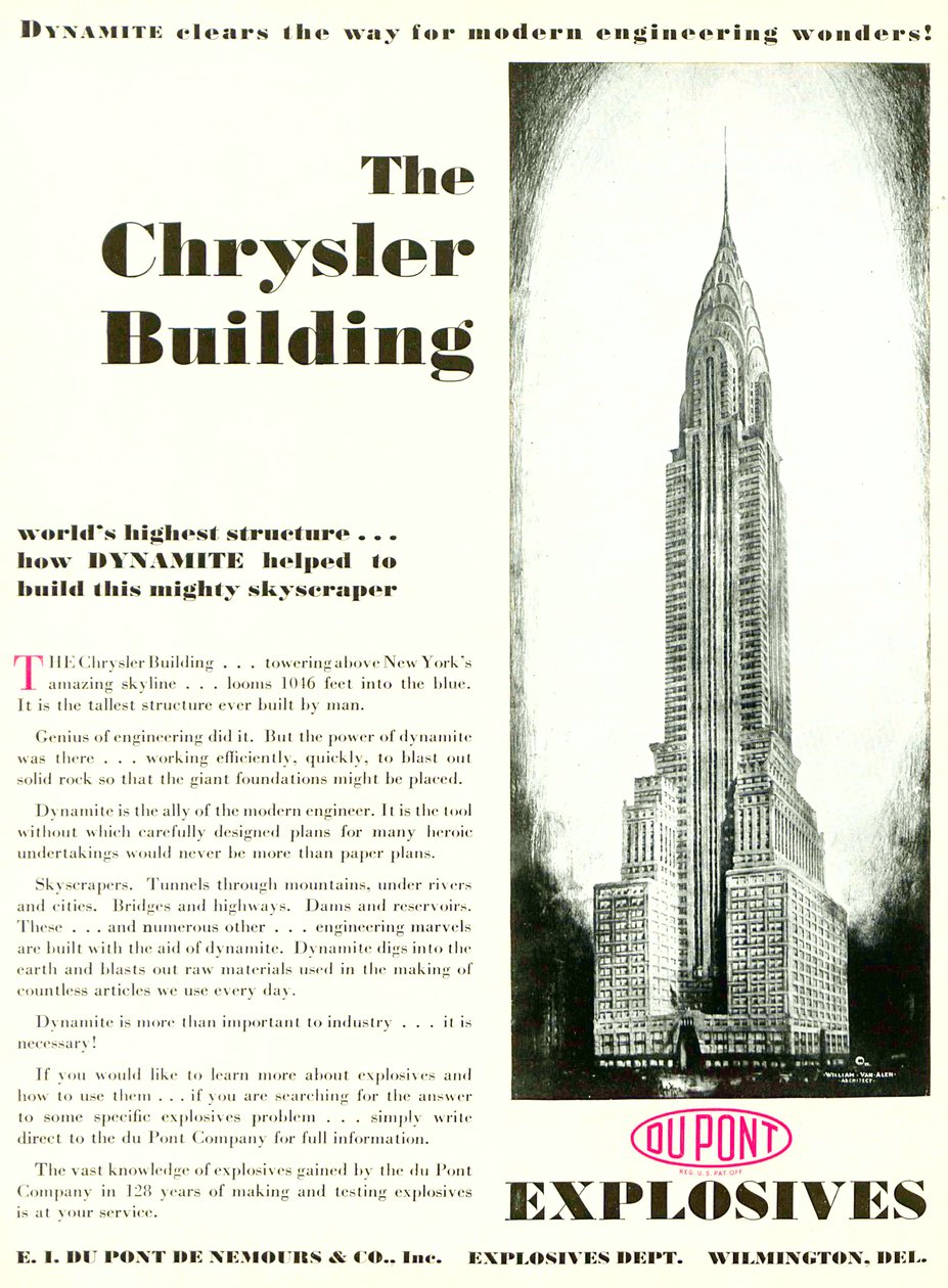 Publicité avec le Chrysler Building, du DuPont Magazine, mai 1930 - American School