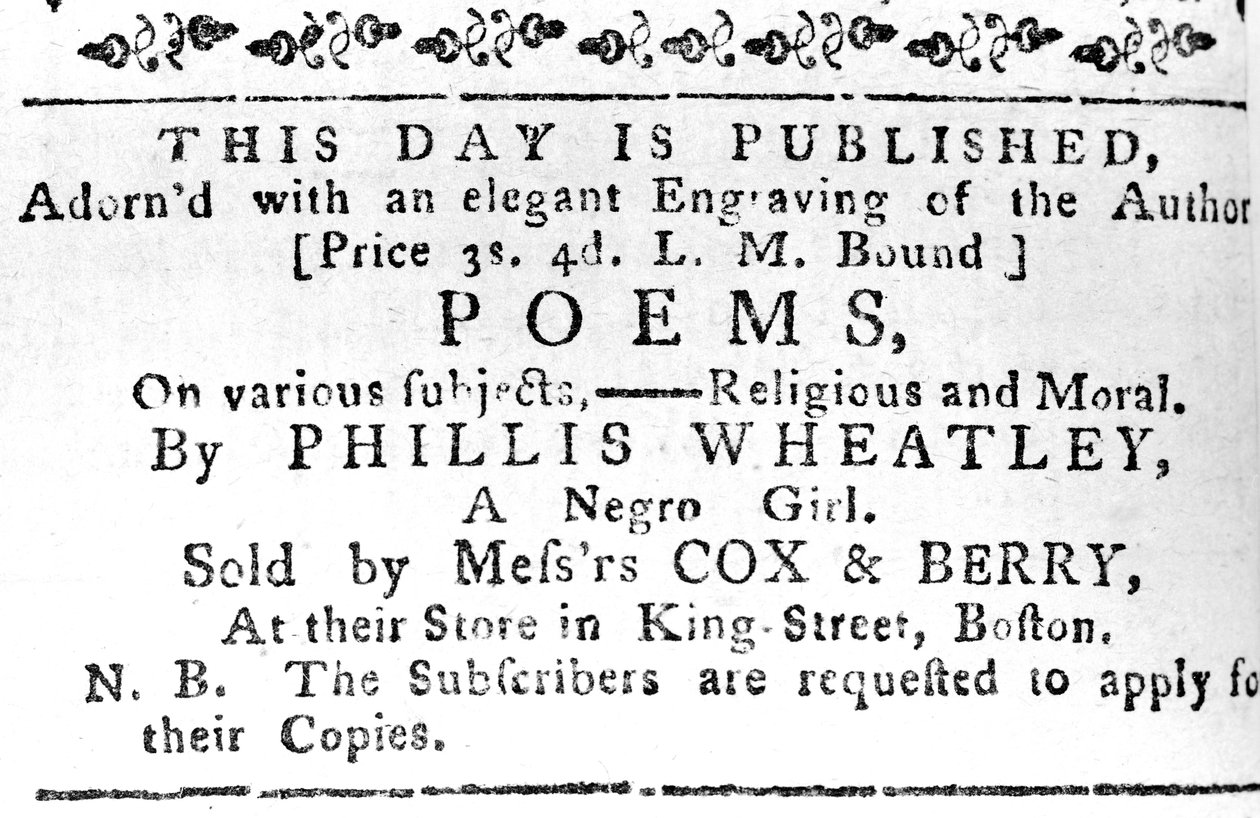 Annonce pour le premier livre de Phillis Wheatley, tirée du Boston Gazette, 7 février 1774 - American School