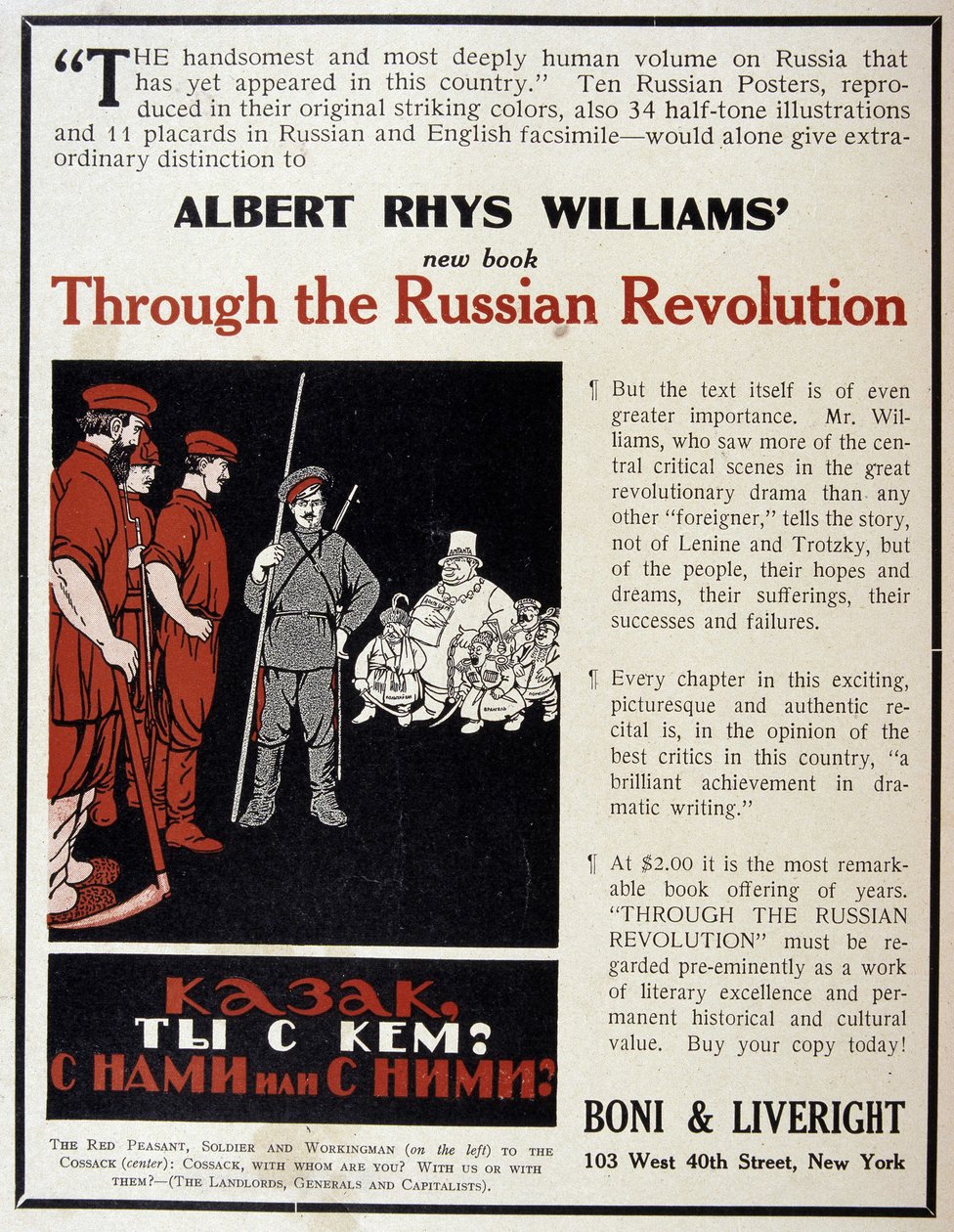 Publicité pour la vente du livre "La Révolution russe" par Albert Rhys Williams dans un magazine américain - American School