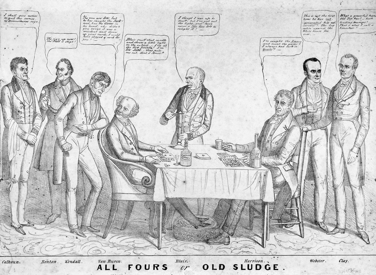 All Fours ou Old Sludge, caricature politique représentant le président Martin Van Buren (1782-1862) jouant aux cartes contre William Henry Harrison (1773-1841) parmi d
