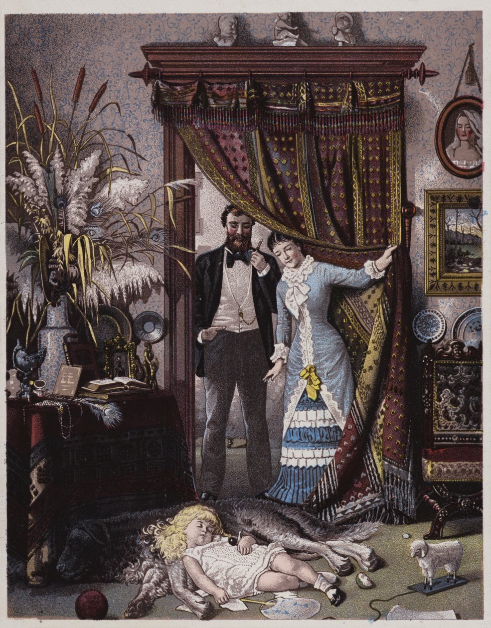 Couple américain regardant leur fille endormie sur le chien (lithographie couleur) - American School