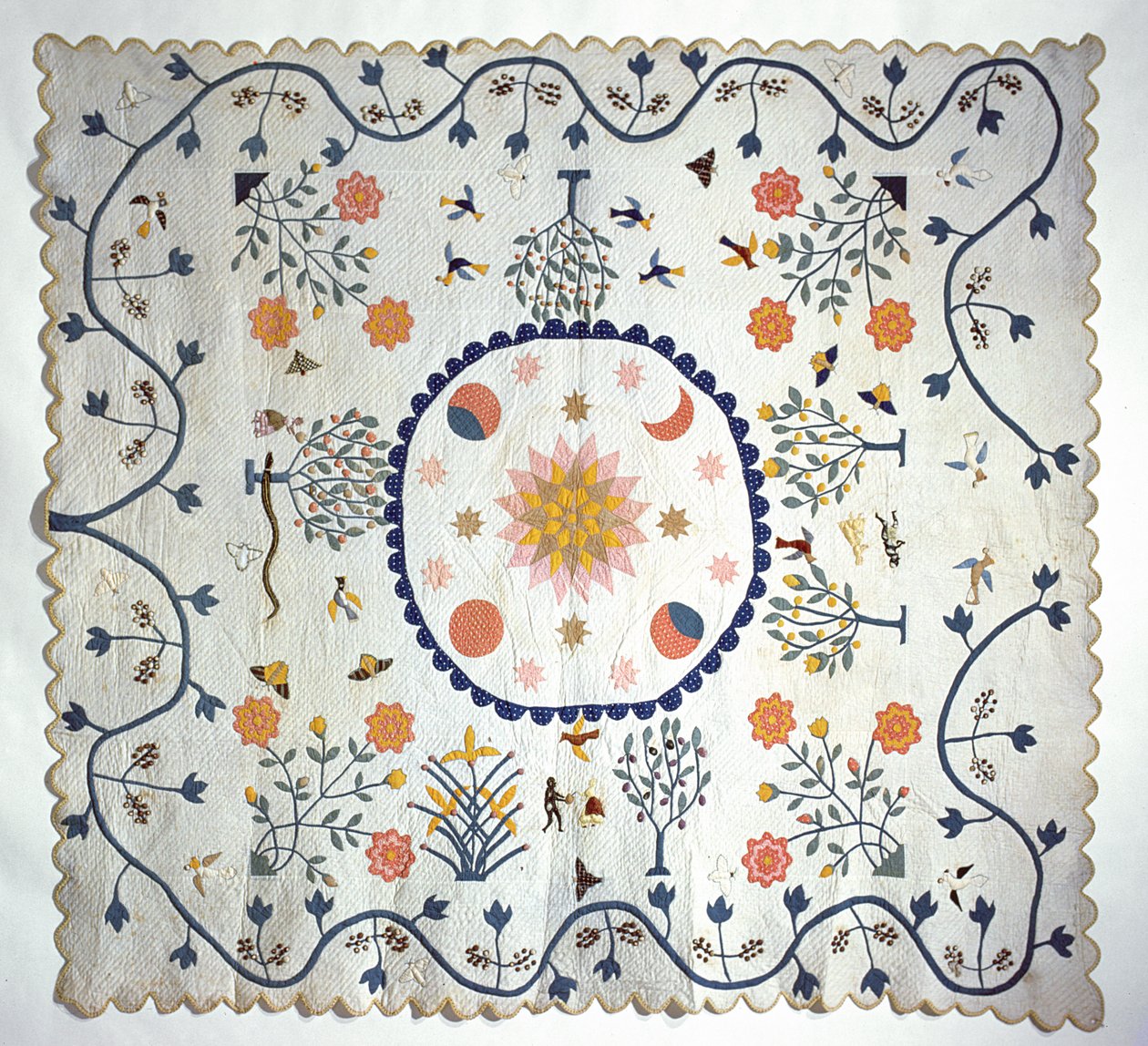 Courtepointe appliquée avec Soleil, Lune, Étoiles et le Jardin d