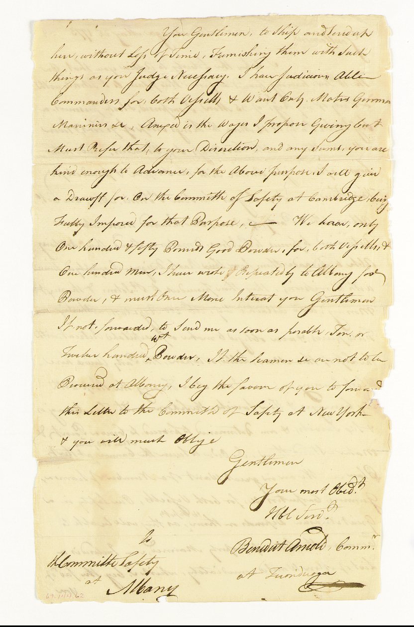 Arnold Benedict (1741-1801) Général, Armée continentale, Traître. Lettre autographe signée ("Benedict Arnold Commr. à Ticonderoga") au Comité de sécurité à Albany, Ticonderoga, 22 mai 1775 - American School