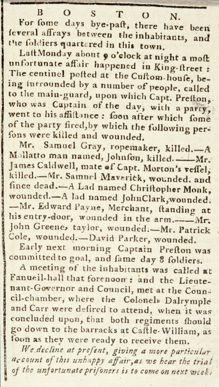 Article du Boston Chronicle détaillant les événements du massacre de Boston, 5 mars 1770 - American School