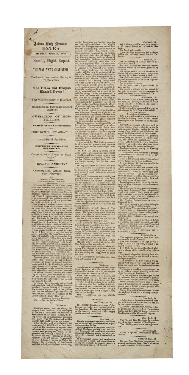 Auburn Daily Democrat Extra re : Fort Sumter, 15 avril 1861 - American School