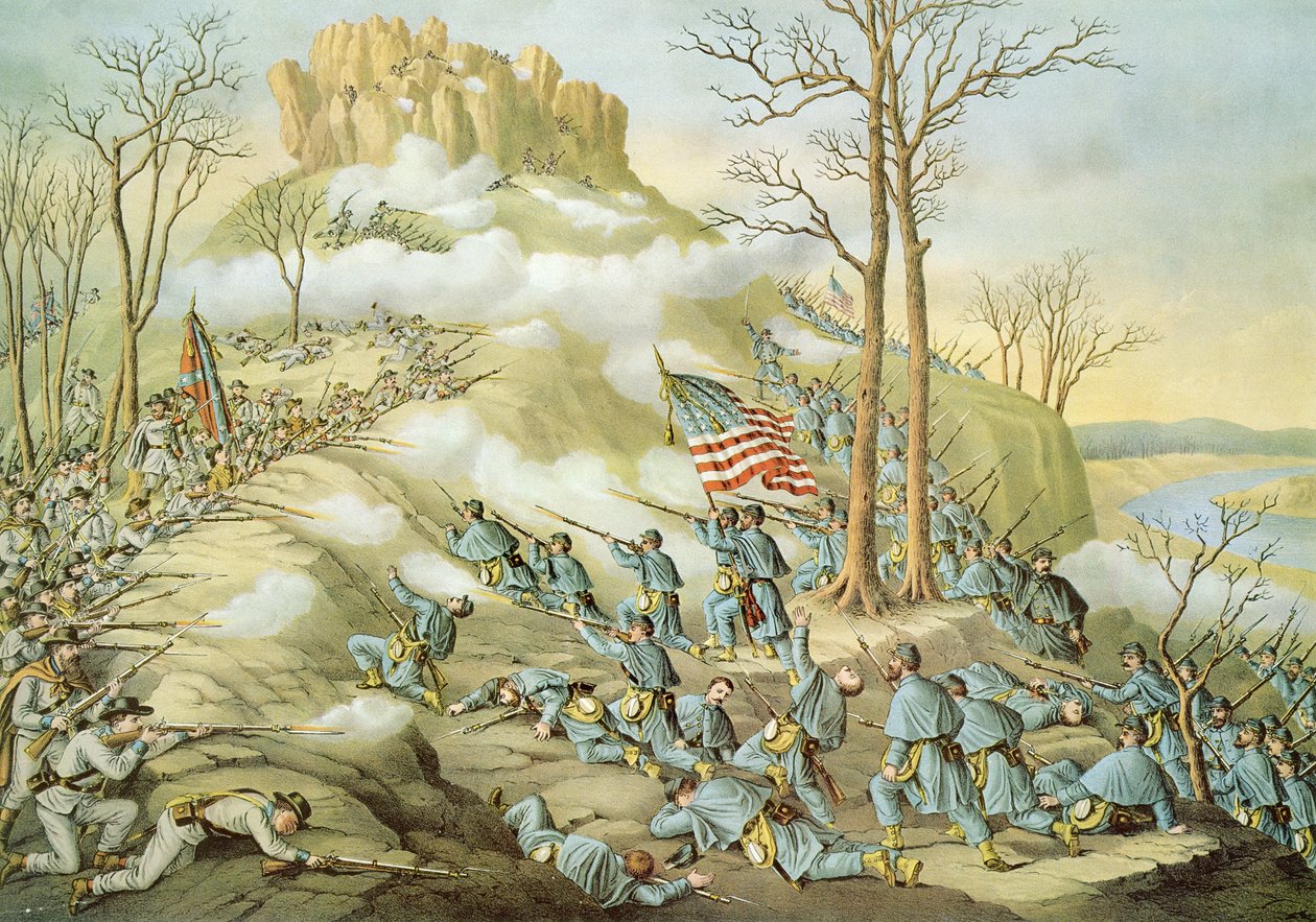 Bataille de Lookout Mountain, 24 novembre 1863, gravée par Kurz & Allison - American School
