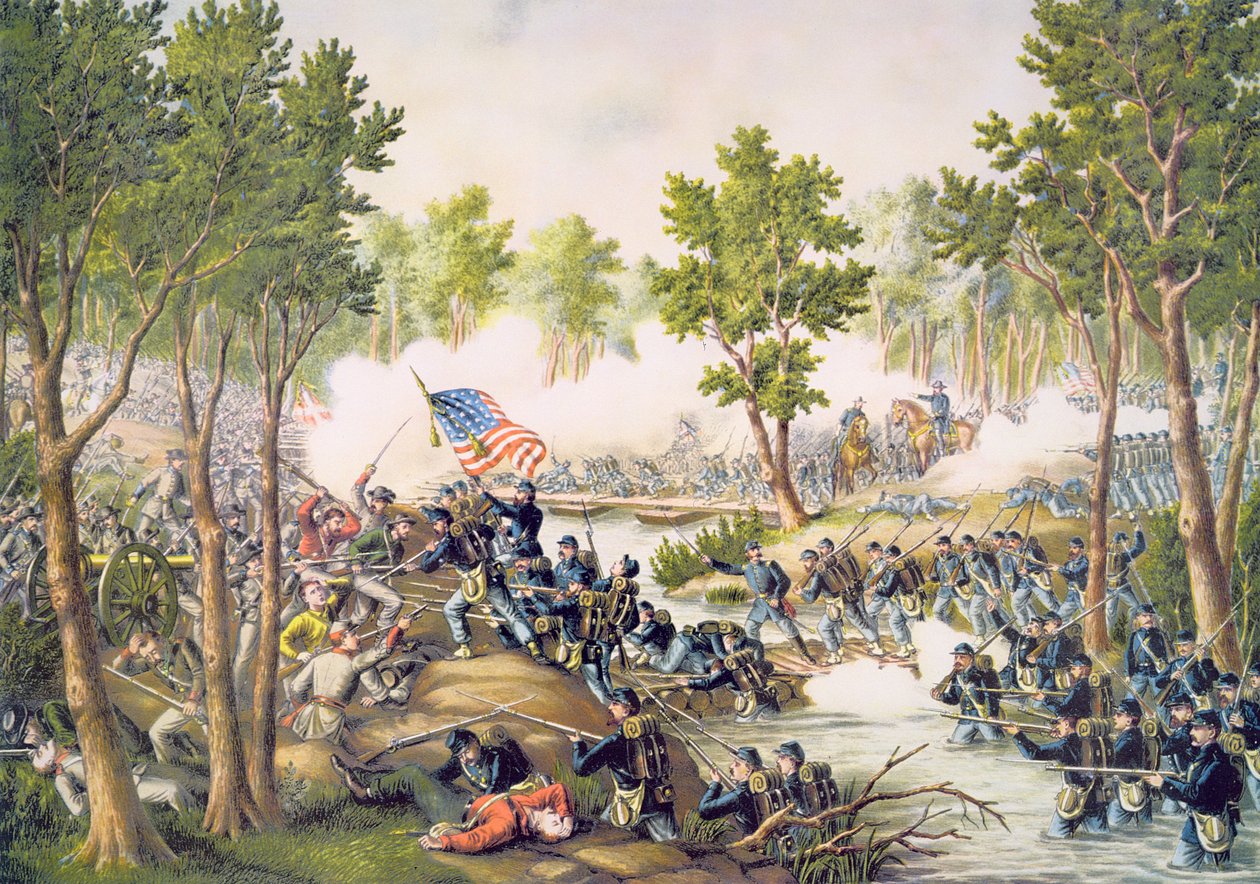 Bataille de Spottsylvania, mai 1864, gravée par Kurz & Allison - American School
