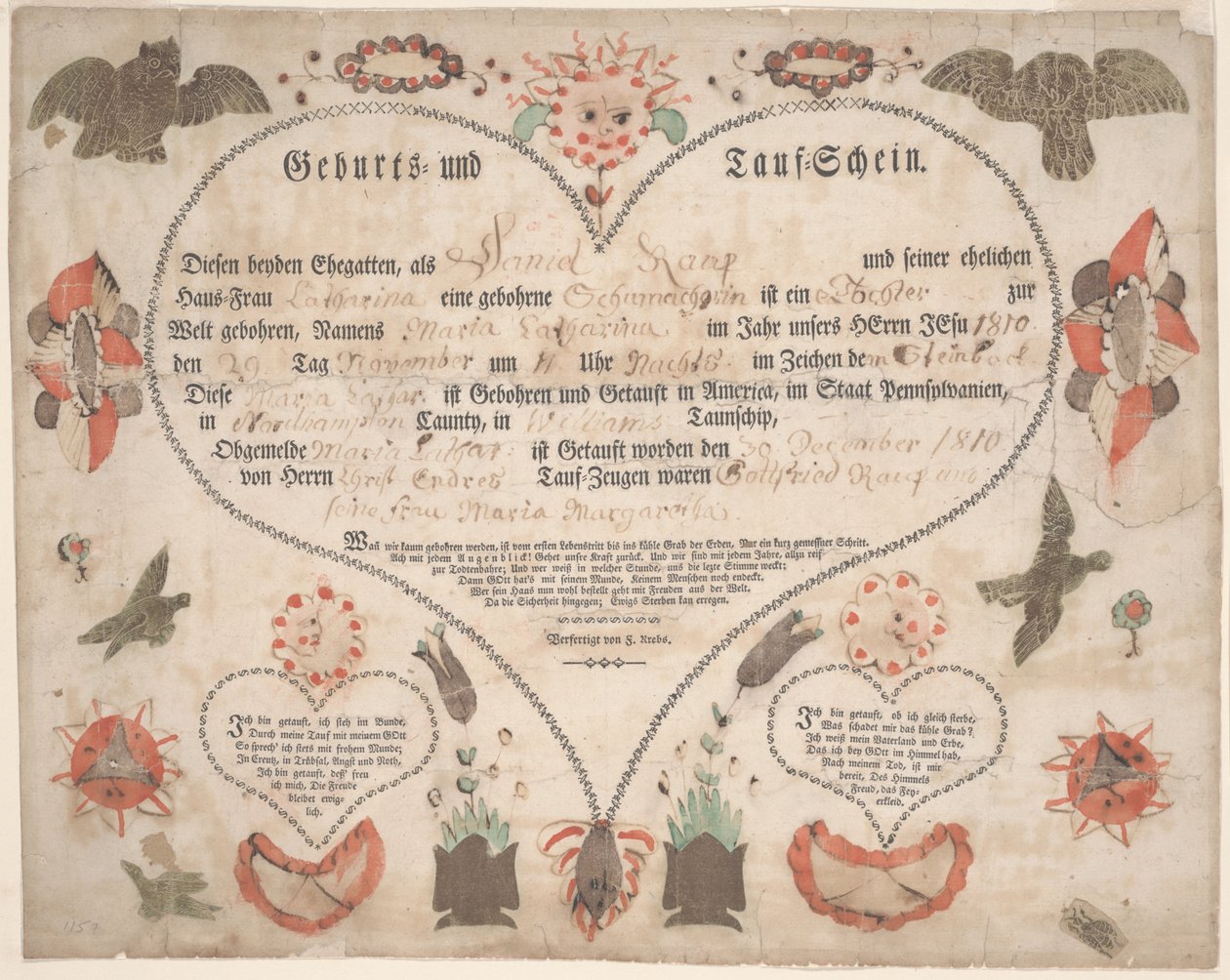 Certificat de naissance et de baptême (Geburts und Taufschein) pour Maria Catharina Raup c.1806 - American School