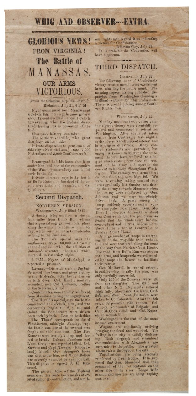 Affiche annonçant la première bataille de Manassas, Whig and Observer Extra, après le 22 juillet 1861 - American School