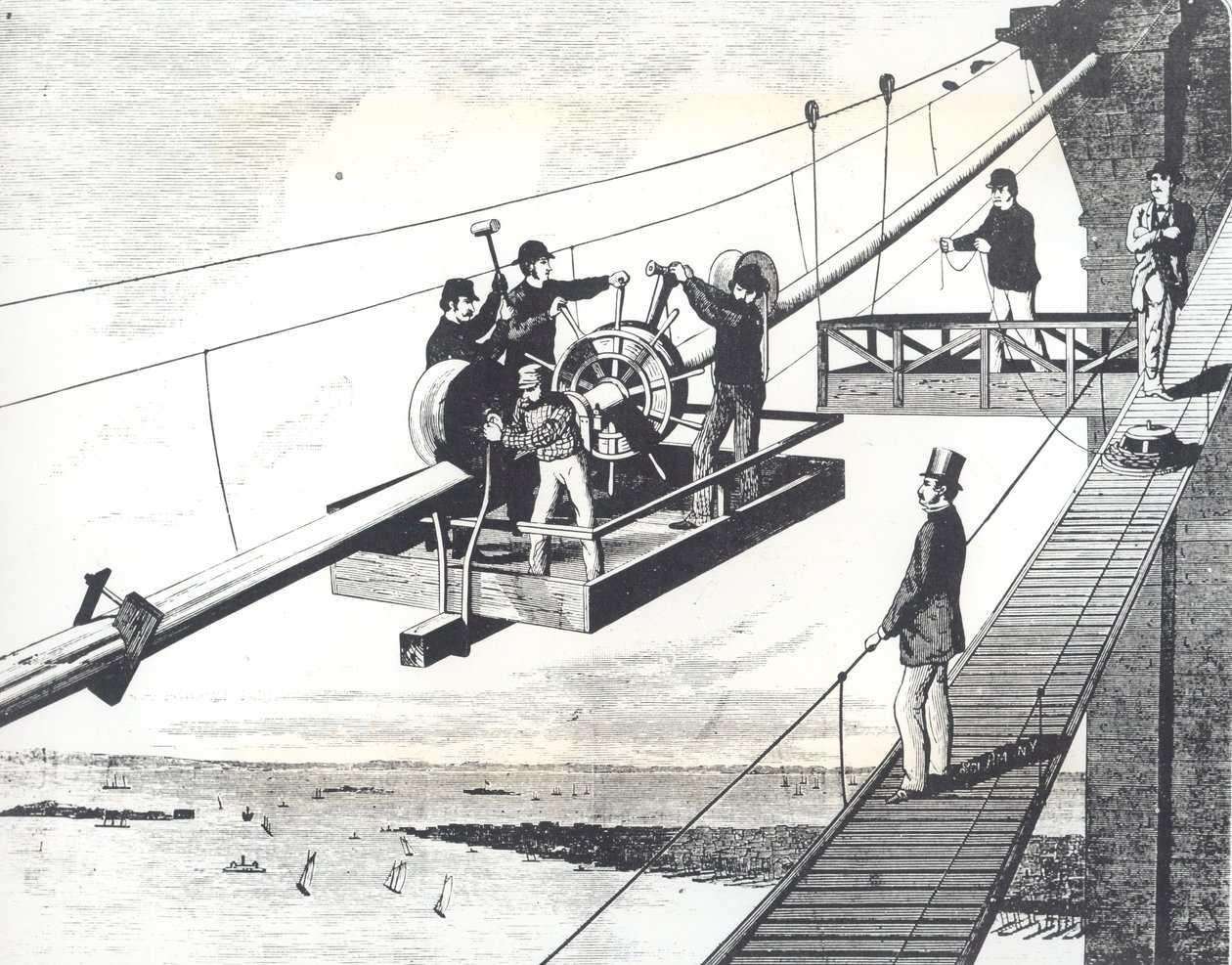 Pont de Brooklyn en construction en 1876, tressage des câbles de suspension (gravure) - American School