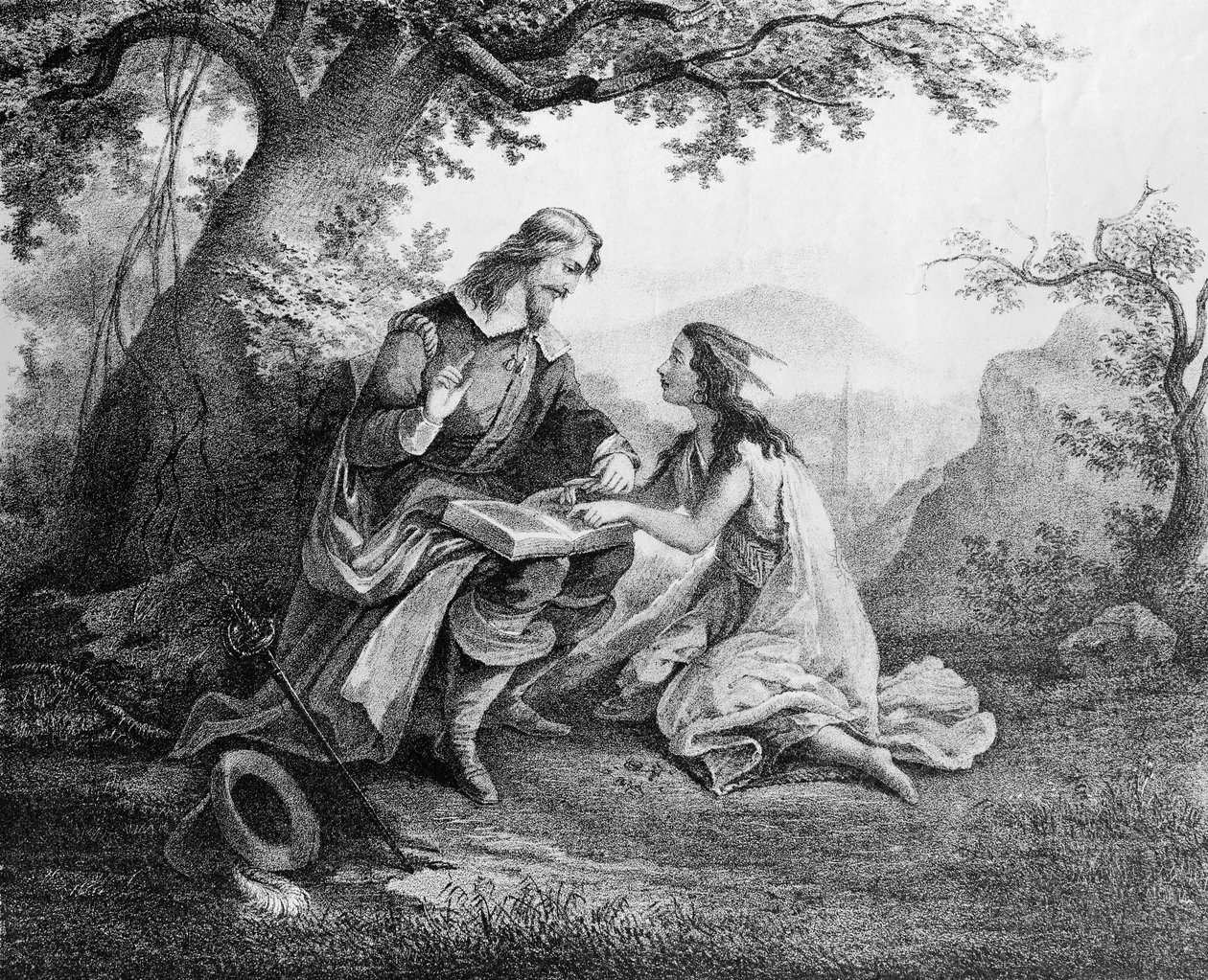Le capitaine John Smith (1580-1631) enseignant à Pocahontas (c.1595-1617) à lire - American School