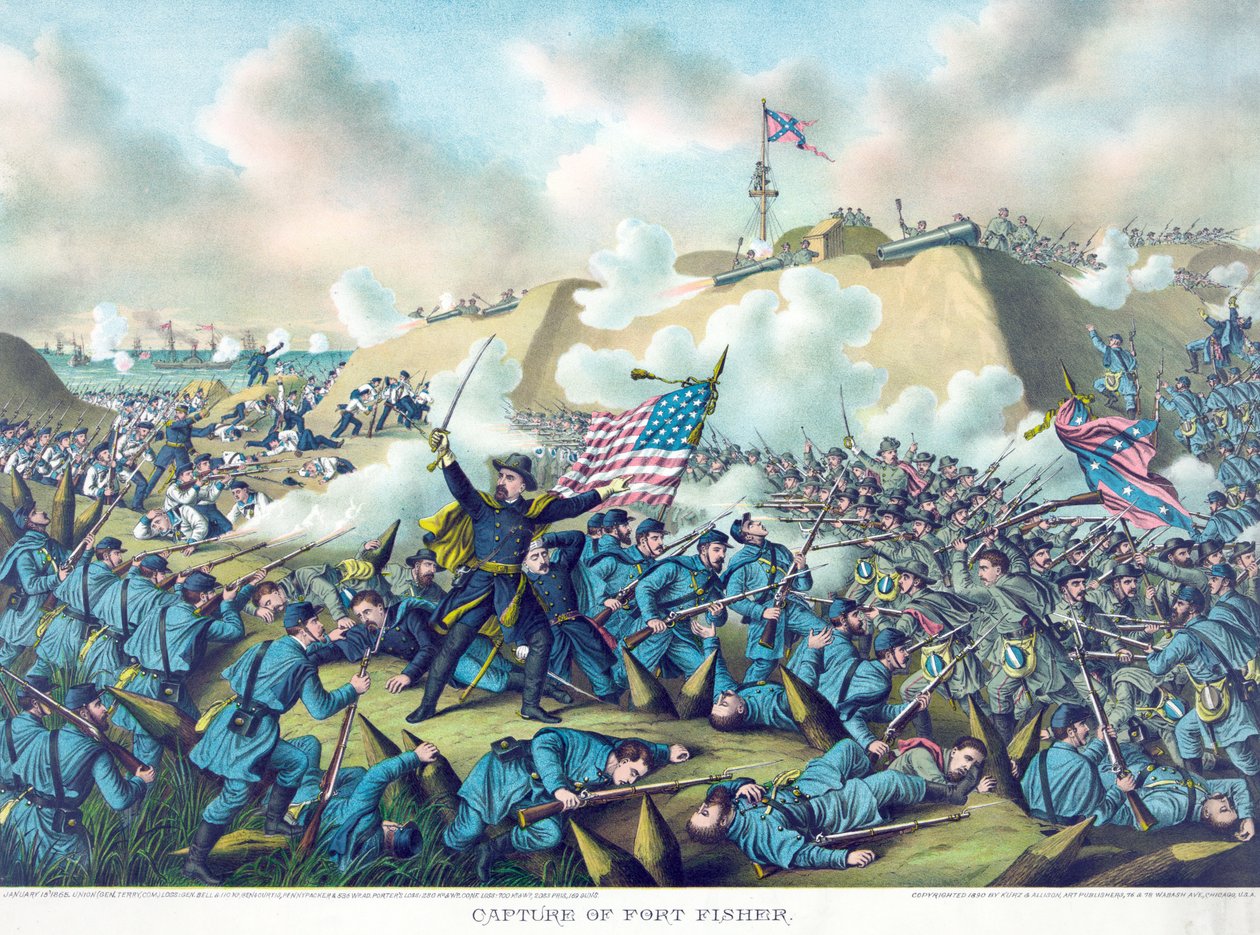 Prise de Fort Fisher, pub. 1890 (lithographie couleur) - American School