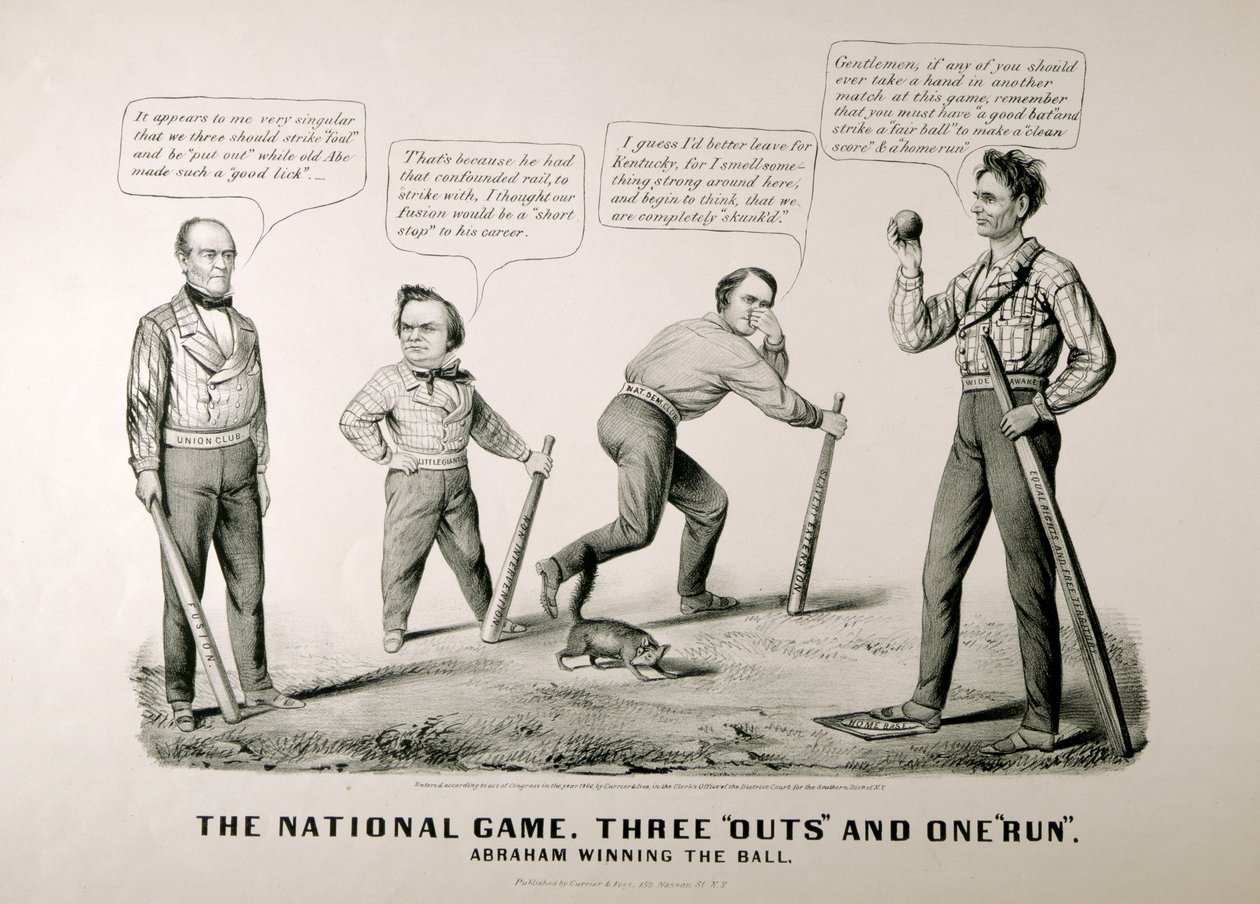 Caricature montrant Abraham Lincoln (1809-65) gagnant le ballon contre ses adversaires Douglas, Bell et Breckenridge lors de l